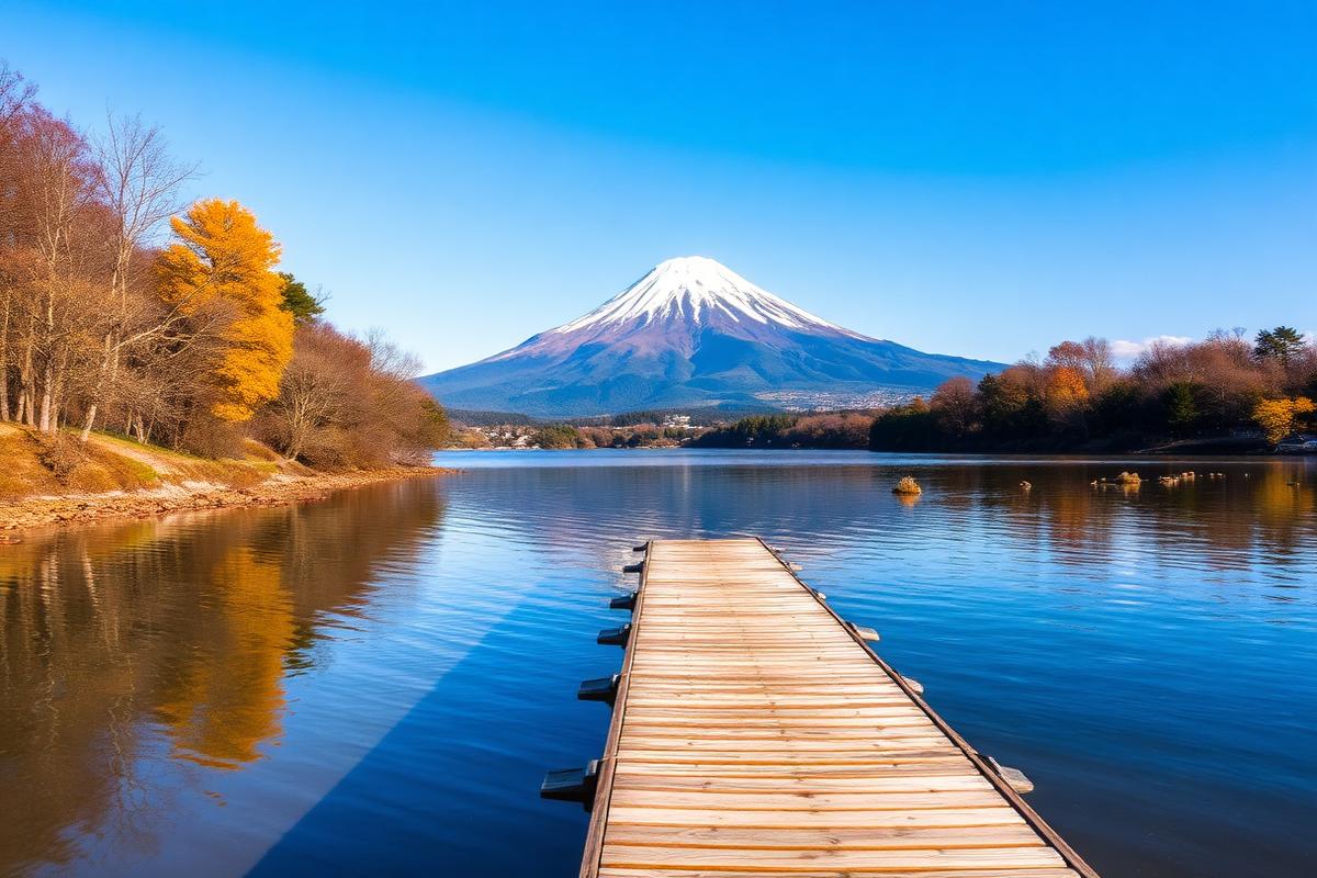 山中湖畔木栈桥与远处的富士山